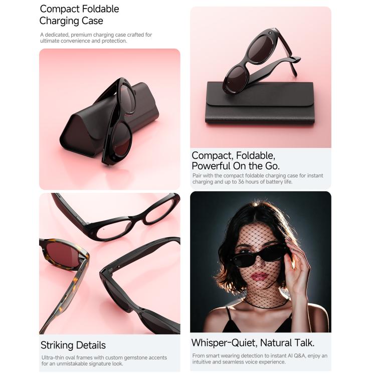MT6 Cat Eye Smart Glasses with Folding Charging Case, AI Camera Eyewear with Voice Assistant, Translation, Photo and Video Recording, Sunglasses, Anti Blue Light Lens, Tortoise