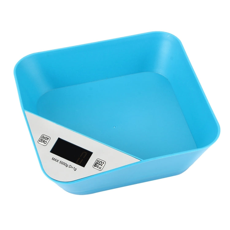 Blue bowl-shaped digital kitchen scale tray with black LCD display on front