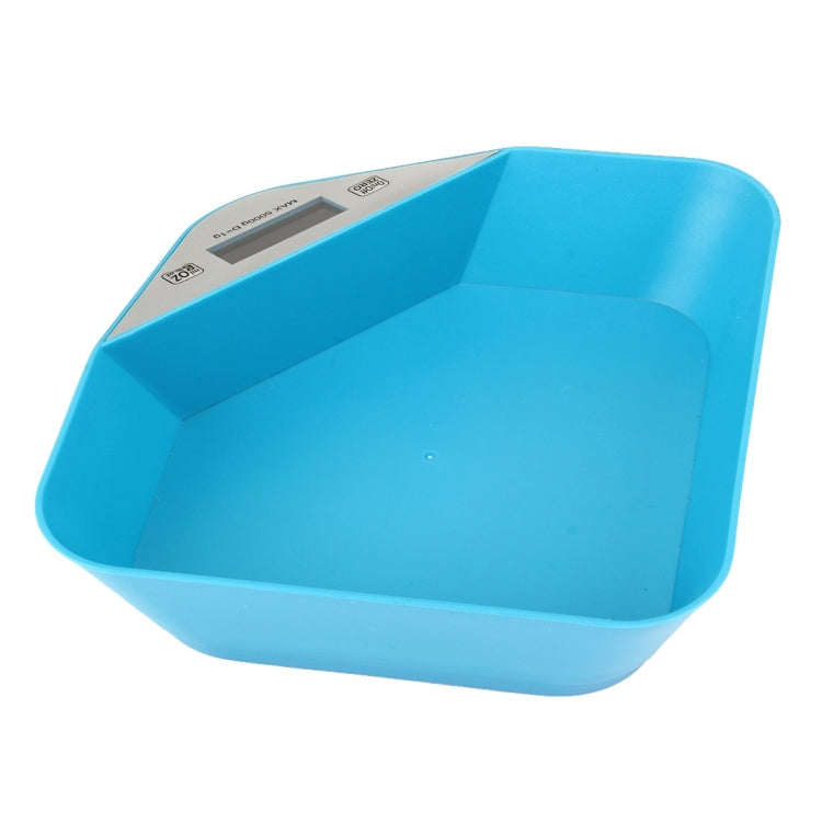 Blue empty bowl tray of digital kitchen scale with gray control label