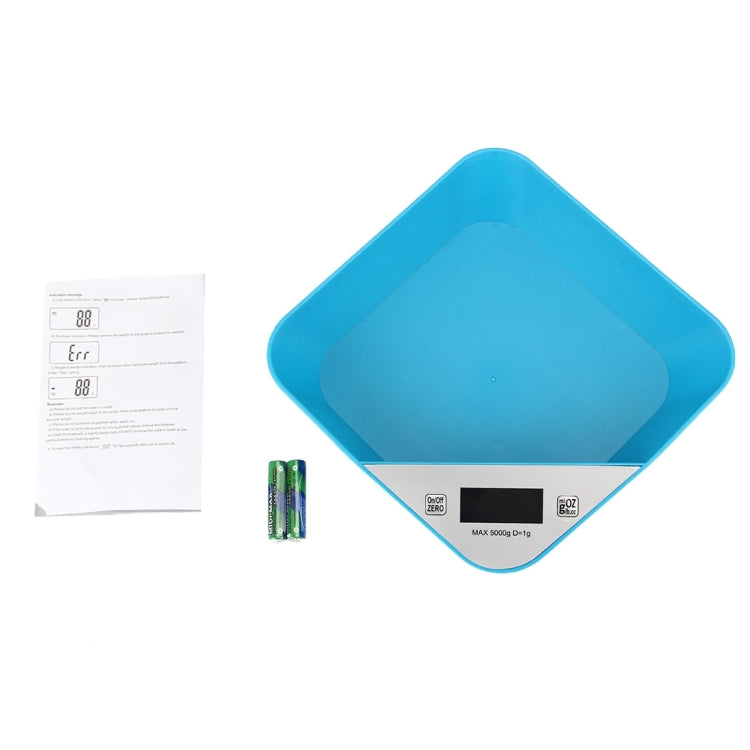Blue bowl-shaped digital kitchen scale with manual, plus AA batteries