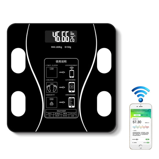 Black smart body fat scale with LCD display and four oval foot sensors