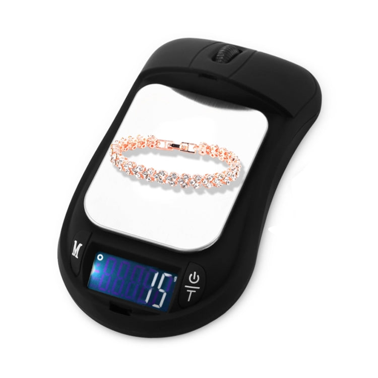 Mouse-shaped electronic jewelry scale, black, blue-backlit display with tray and controls
