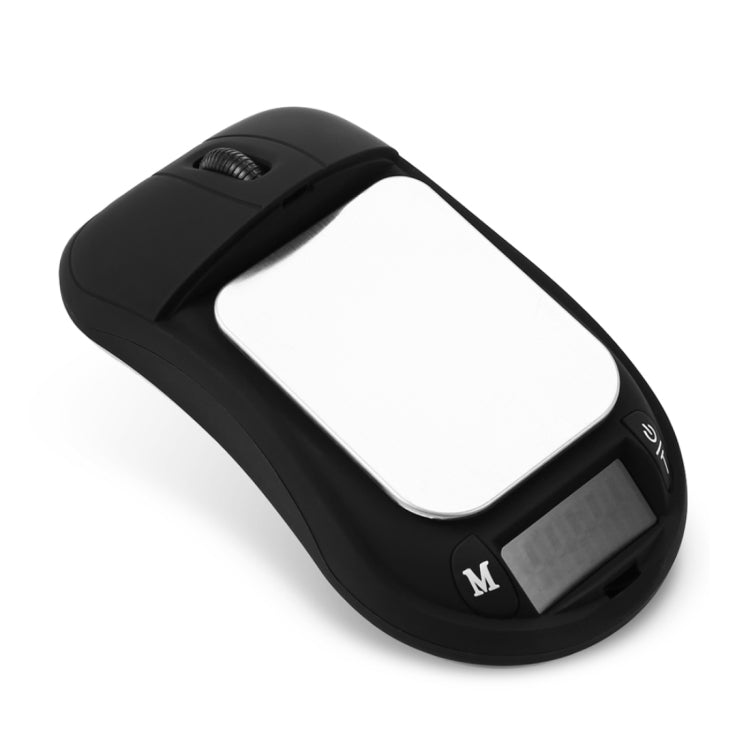 Mouse-shaped electronic jewelry scale, black, top view with empty weighing tray and buttons
