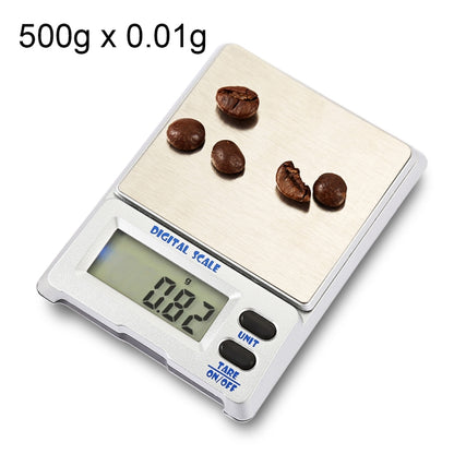 Digital jewelry scale with light wood platform and LCD screen, unit and tare buttons