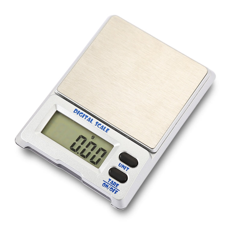 Digital jewelry scale top view with wood platform and LCD screen showing weight