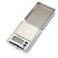 Digital jewelry scale with open protective case, wood platform and LCD display