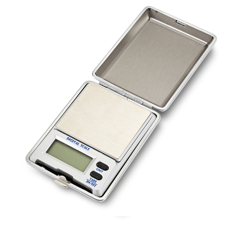 Digital jewelry scale with open protective case, wood platform and LCD display