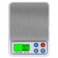 Portable digital kitchen scale front view with green LCD display and control buttons