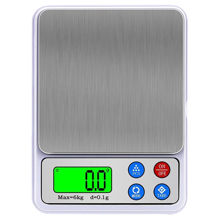 Portable digital kitchen scale front view with green LCD display and control buttons