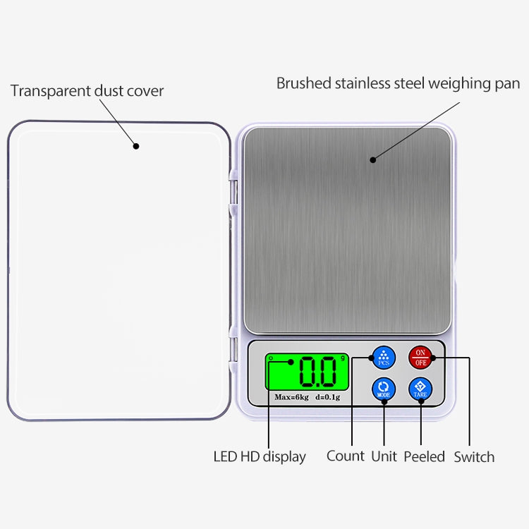 Digital kitchen scale showing stainless weighing pan and clear dust cover