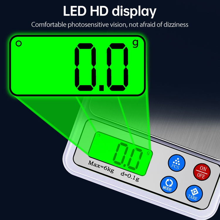 Digital kitchen scale with bright green LED HD display showing 0.0 g