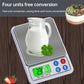 Portable digital kitchen scale on tabletop holding a milk jug and green LCD reading