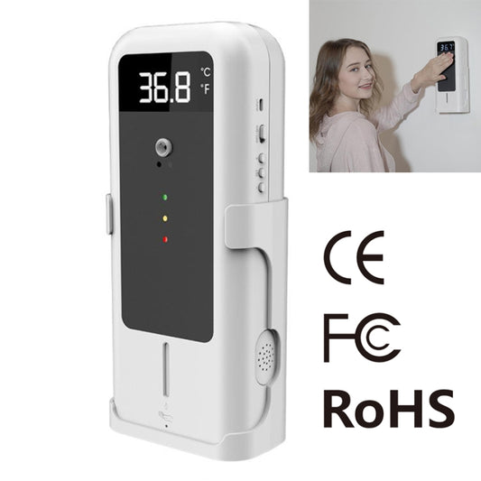 White wall-mounted infrared thermometer and automatic sanitizer dispenser with temperature display