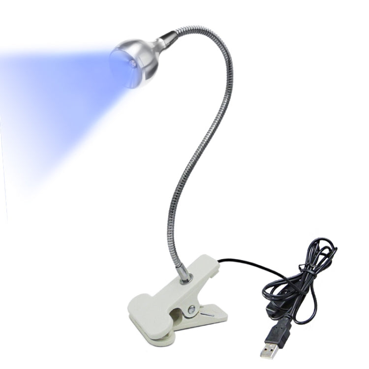 UVC clip lamp with silver bulb and flexible metal hose, includes USB power cable