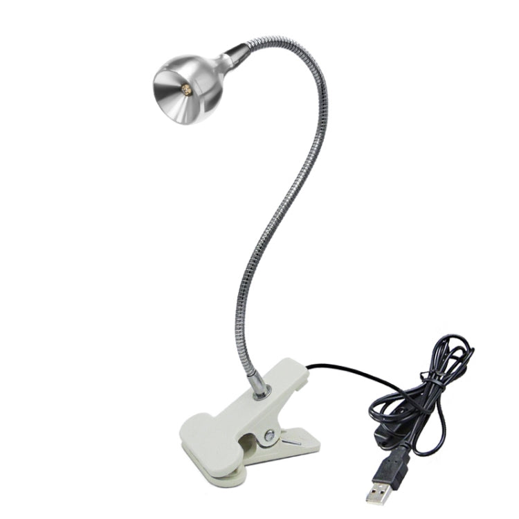 UVC clip lamp with silver bulb and clamp base, flexible metal hose with USB cable