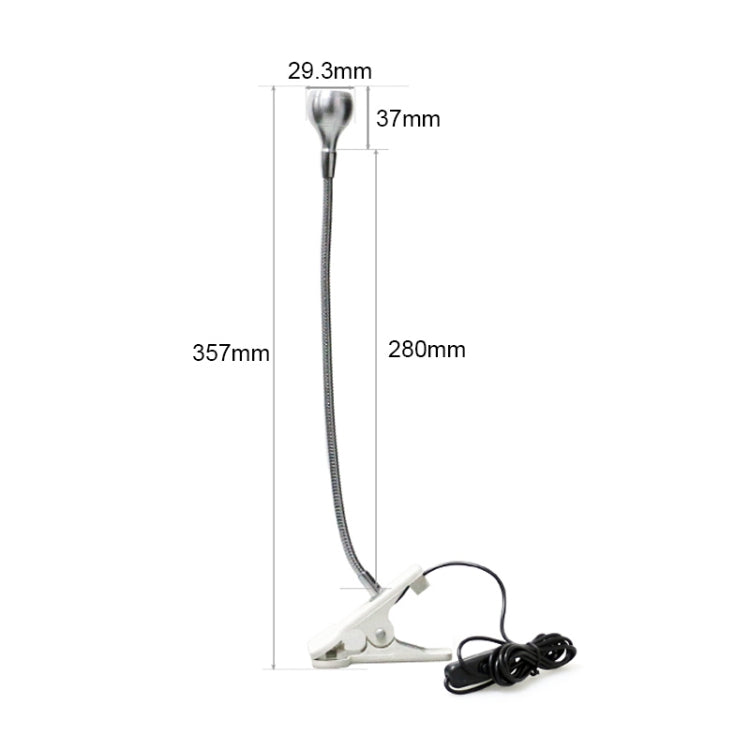 UVC clip lamp size diagram with silver bulb, flexible hose, and clamp base