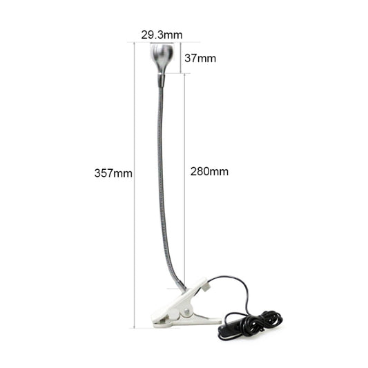 UVC clip lamp size diagram with silver bulb, flexible hose, and clamp base