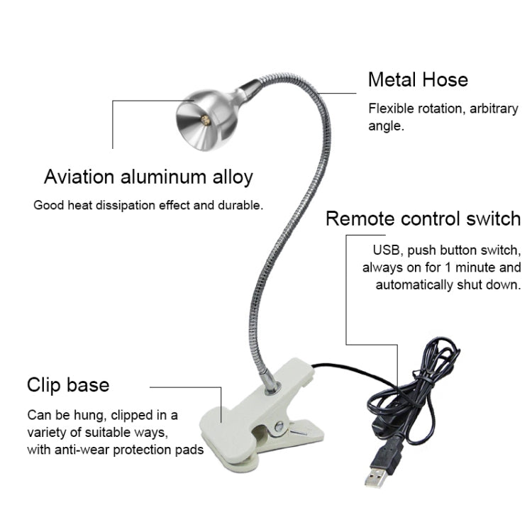 UVC clip lamp with metal hose, clamp base, and remote control USB power switch
