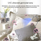 UVC clip lamp with glowing UV bulb mounted on clamp base for sterilizing use