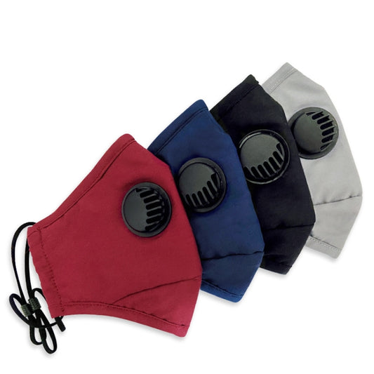 Set of washable PM2.5 dustproof face masks in red, navy, and gray with breath valves