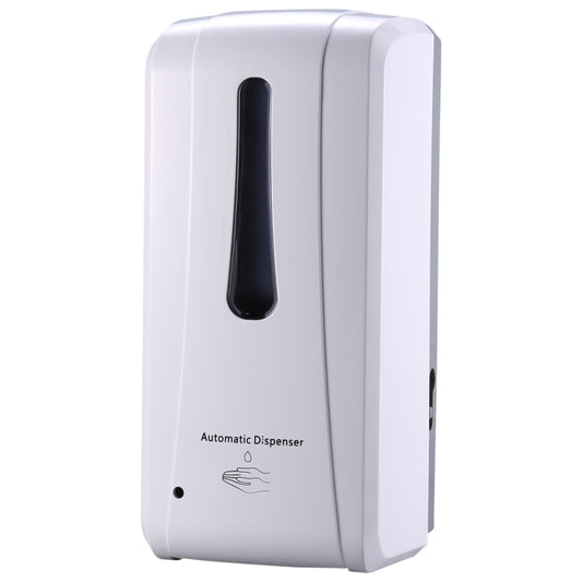 Wall-mounted automatic soap dispenser, white body with black sensor window and side profile