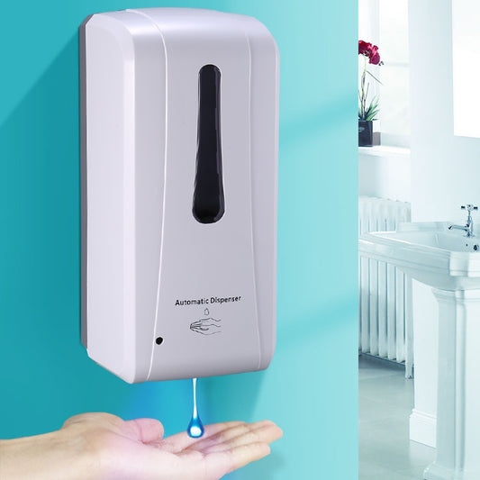 Wall-mounted automatic soap dispenser with black sensor window and blue drip indicator