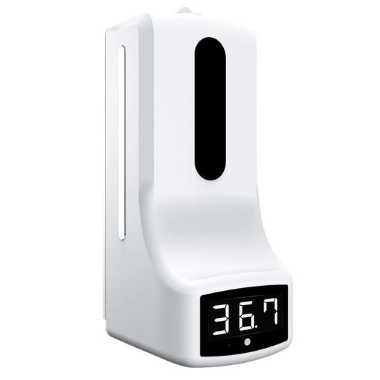 White hands-free thermometer stand with black screen displaying 36.9