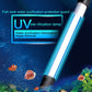 UV sterilization lamp tube emitting blue light above aquarium water
