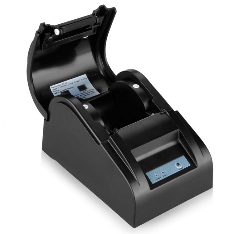 Black portable thermal receipt printer with lid open and paper roll inside