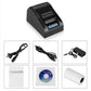 Black thermal receipt printer with included cables, paper roll, and software CD