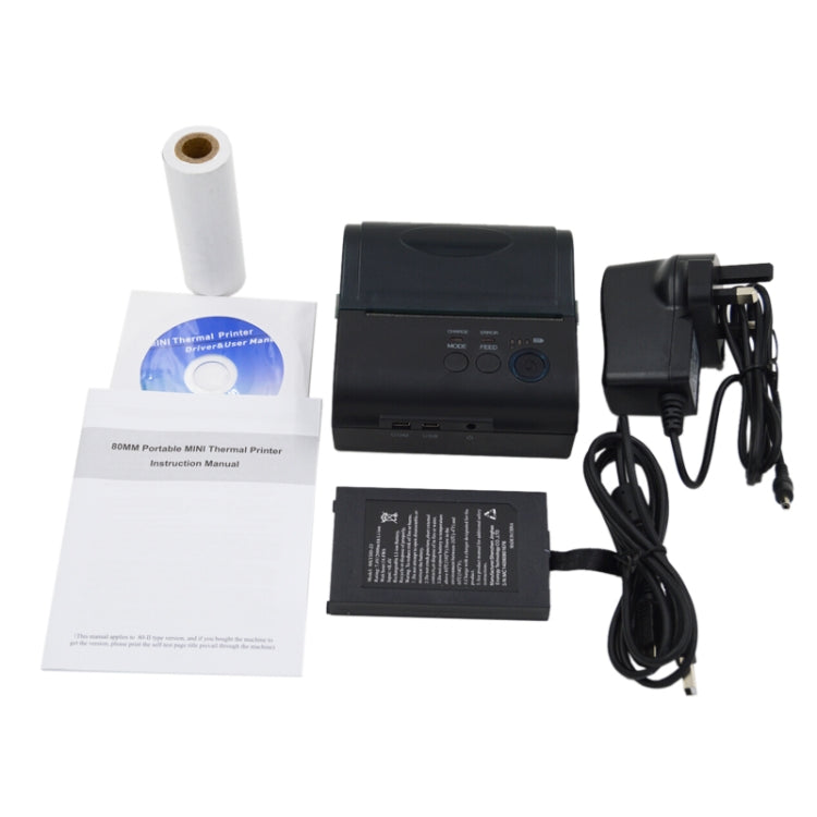 Portable thermal receipt printer kit with power adapter, USB cables, manual, and paper roll