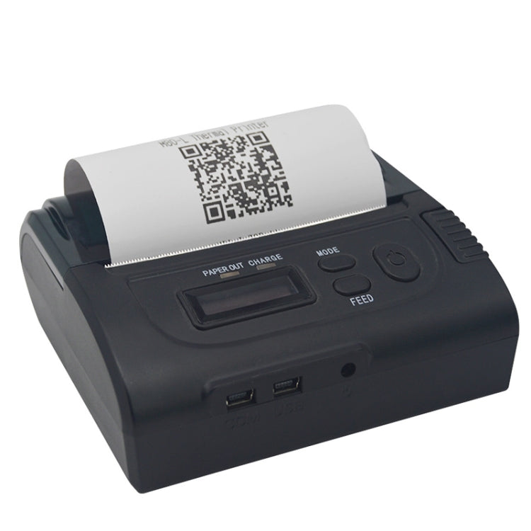 Portable dark thermal receipt printer front view with display and FEED button