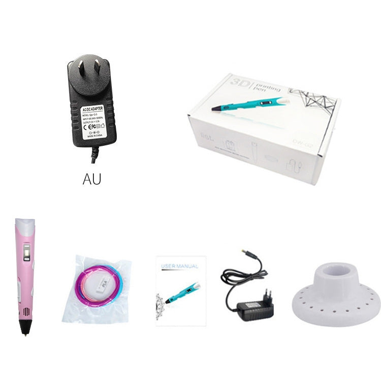Pink hand-held 3D printing pen AU plug kit with adapter, cables, and stand