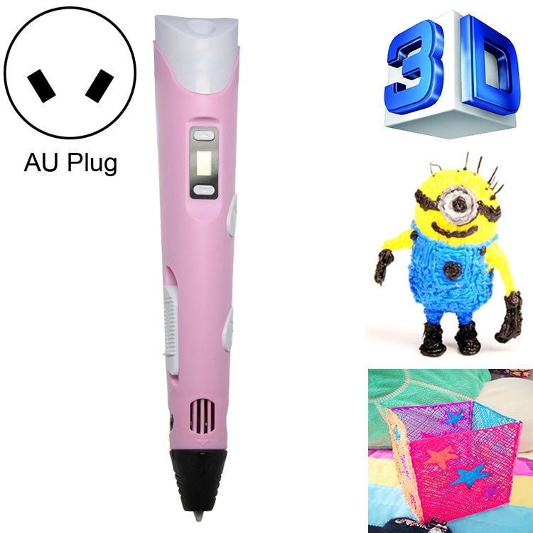 Pink hand-held 3D printing pen with AU plug, black nozzle tip and side control buttons
