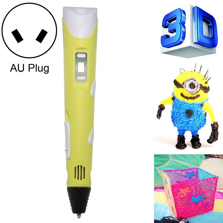 Yellow hand-held 3D printing pen with AU plug, LCD screen, and black nozzle