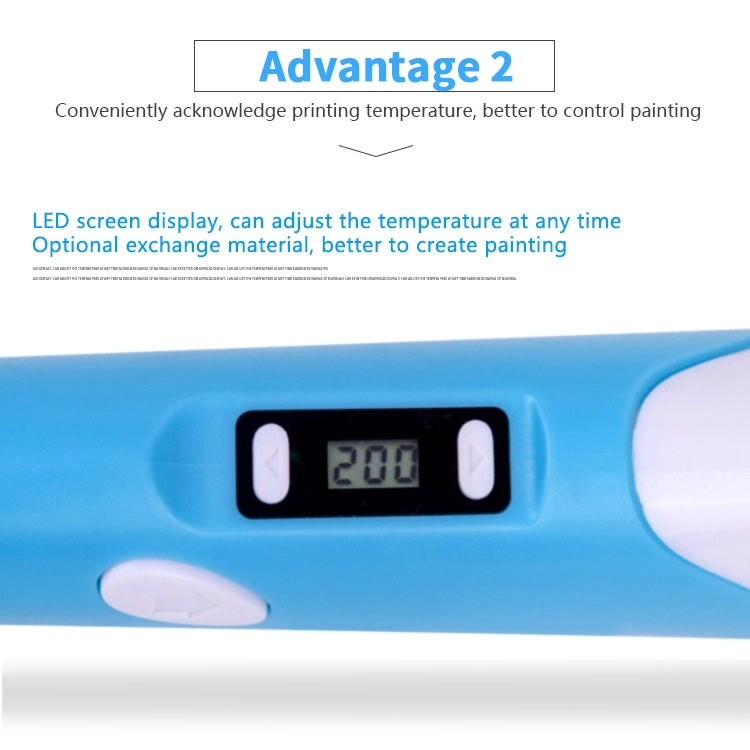 Hand-held 3D printing pen with UK plug, blue screen showing 200