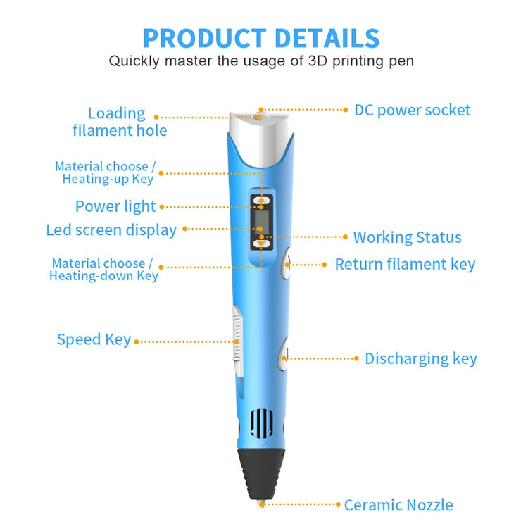 Blue hand-held 3D printing pen with control panel and ceramic nozzle