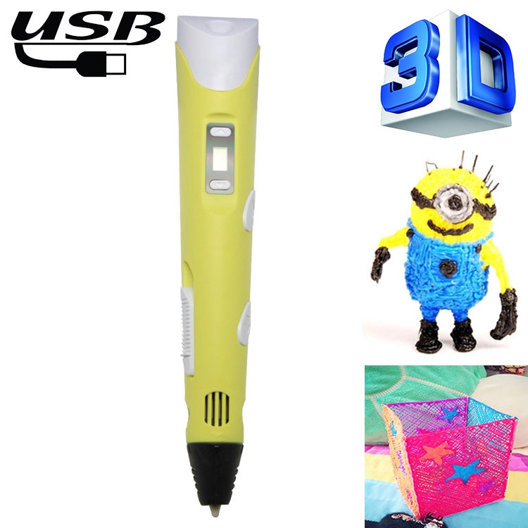 Hand-held 3D printing pen with USB plug, yellow body and black tip