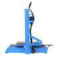 Blue desktop 3D printer side view with gantry and cable harness