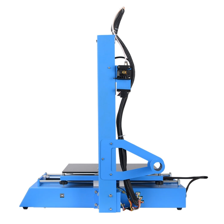 Blue desktop 3D printer side view with gantry and cable harness
