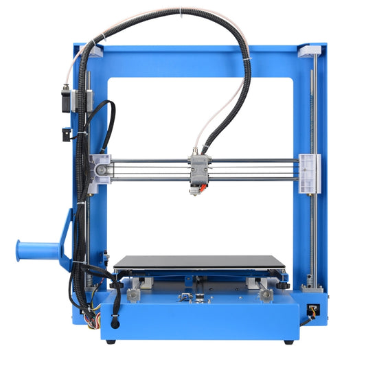 Blue desktop 3D printer front view with open build platform