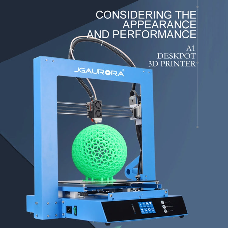 Blue desktop 3D printer showing green printed sphere in front chamber