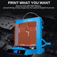 Blue desktop 3D printer with orange rectangular print on build plate