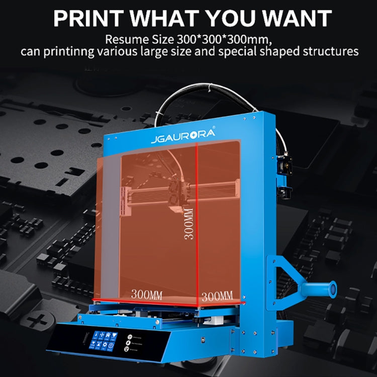 Blue desktop 3D printer with orange rectangular print on build plate