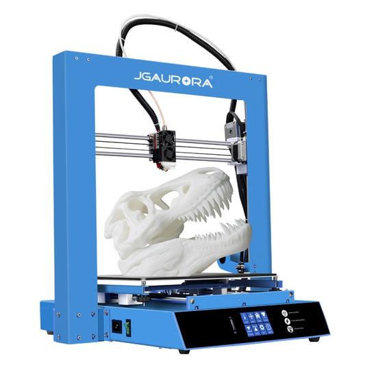 Blue desktop 3D printer with metal frame and enclosed build area