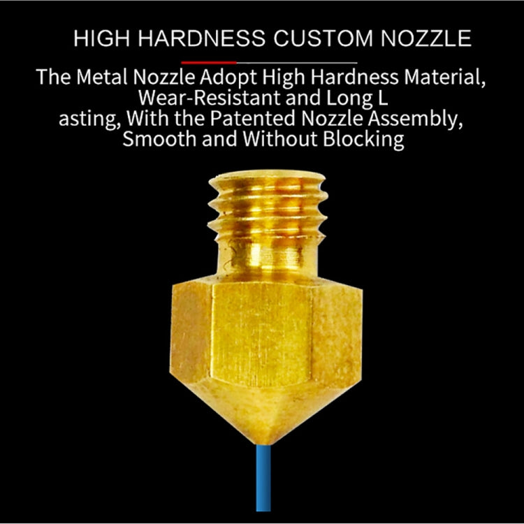 Gold high-hardness metal nozzle with threaded tip and blue support rod
