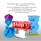 Desktop 3D printer with multicolor sculptures: purple, blue, red and white