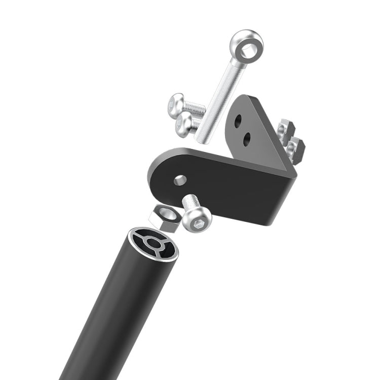Metal tie rod fixed support bracket with mounting bolts and black push rod