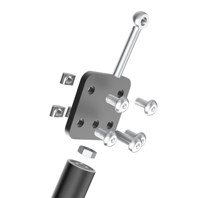 Tie rod fixed support mounting plate with screws, bolts, and black rod