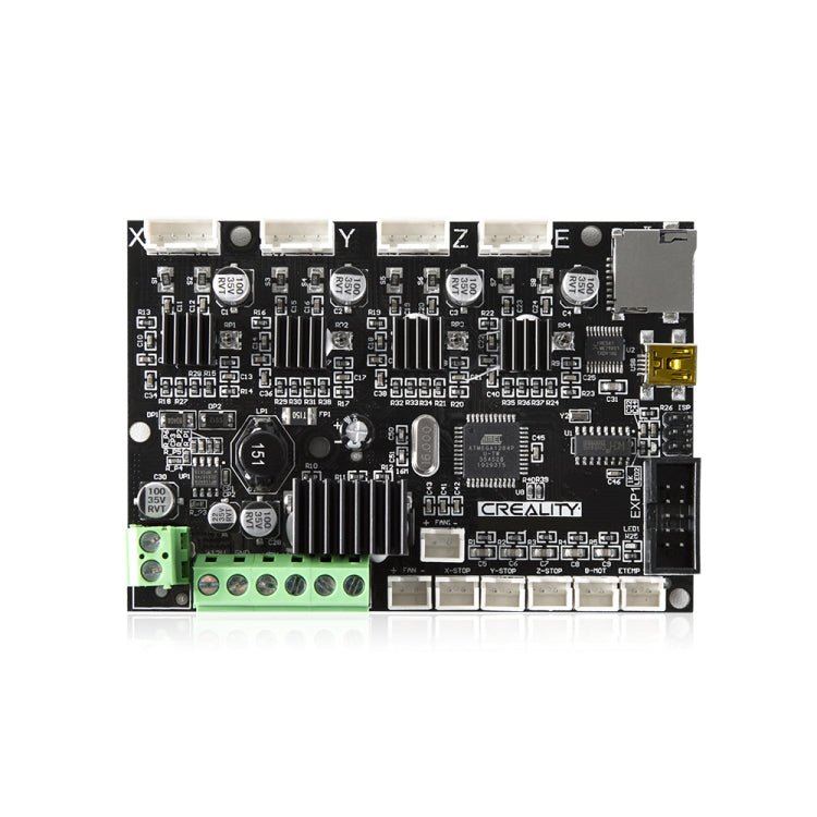3D printer motherboard with green terminal block and black circuit board, front ports visible